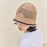 VA Top Button Knit Crochet Bucket Hat / Brown