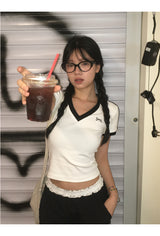 ブラックラインリボンVネックショートスリーブtシャツ