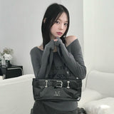 SENTIC METAL LOGO FRONT BELTED LEATHER SHOULDER BAG UNISEX