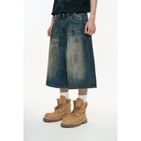 Oil-washed Bermuda denim pants - Deep Blue