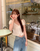 #Flower Embroidery Crop Short Sleeve Blouse (2color)