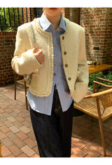 No Collar Round Tweed Loose Fit Jacket