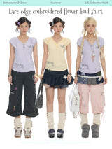 BETWEENANDxOliwa Summer Gentle Notes Key Lace Embroidered Modal Bud Short-Sleeve T-Shirt
