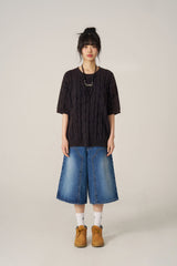 Cable Washing Short-Sleeved Knitwear - Navy