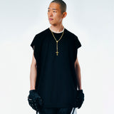 [UNISEX] WORLD PEACE オーバーサイズローエッジスリーブレスTシャツ（ブラック）