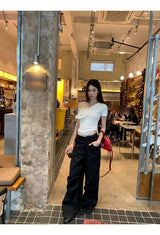 Lace Black Side Shirring Casual Pants