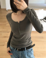 [ORIGINAL] Clock Ribbed Henley Neck Long-Sleeve T-Shirt