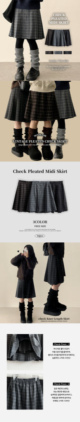 Bomi A-line pleated check midi skirt 