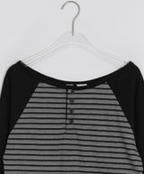 シャバニンストライプヘンリーネック長袖Tシャツ