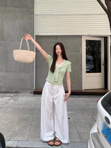 グリーンレイヤードVネックショートスリーブニットTシャツ