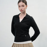 レイヤードシースルーVネックニット [BLACK]