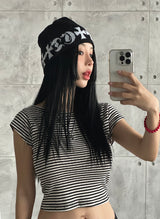 Stripe Backless Ribbon Crop Short Sleeve T-Shirt