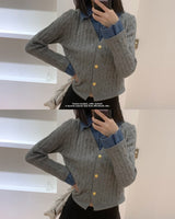 Perry Denim-Layer Cable Knit Long Sleeve Cardigan
