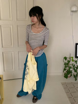 Yoka Stripe U-neck Layered Three Quarter Tee