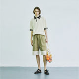 color block banding half nylon pants beige