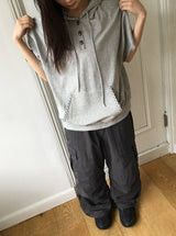 ハカンジチェックカラーボタンフード半袖Tシャツ