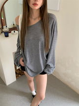 Boxy loose fit unbalanced shoulder long-sleeve T-shirt