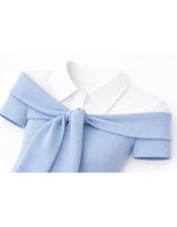 Elly Off-Shoulder Tie Ribbed Short Sleeve Knit T-Shirt Skyblue