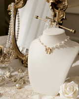 Adorable Ribbon Pearl Choker Necklace - Gold