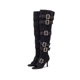 Denim Buckle Open Toe Boots Heel(Black)