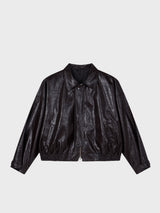 Glossy Leather Bomber Jacket_Brown