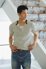 Stripe slim henley neck half t-shirts(Ivory)
