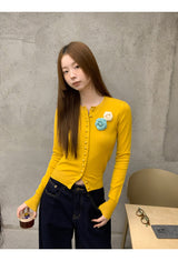 Flower Broach Yellow Round Cardigan