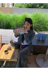 ノーカラーデニムビンテージジップアップジャケット