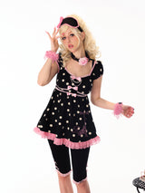 Paris girl Shining Paris Girl Eiffel Tower Print Rhinestone Pink and Black Color-Blocked Polka Dot Puff Sleeve Top and Dress