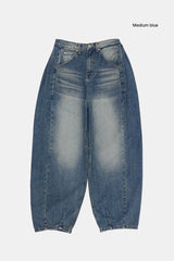 Deep side fold balloon denim pants