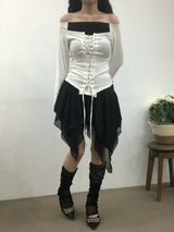リボンコルセットオフショルダーTシャツ