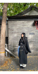 wool charcoal quilting toggle hooded long coat