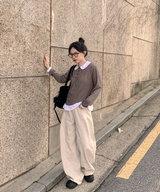 Round collar striped frill T-shirt