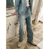 [S-XL] Light blue half banding denim pants