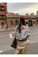 French checkered pocket loose fit long-sleeved shirt