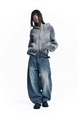 Stripe Lettering Denim Pants - Medium Blue