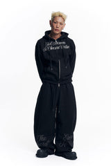 Lettering Embroidered Hoodie Zip-Up - Black
