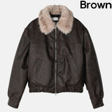 [premium] Frame Raccoon Collar Leather Jacket