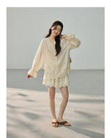[SET] Eyelet Bell Sleeve Blouse & Mini Skirt Set