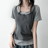 スリムフィット キッチ ホルター レイヤード ショートスリーブ Tシャツ(3 Colors)