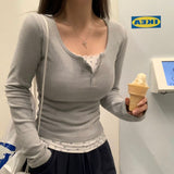 FLOWER LACE BUTTON LAYERED T-SHIRT
