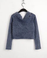 Tinted denim washed unbalanced off-shoulder t-shirt
