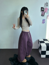 フリース/ストリング❤ベーシックルーズワイドロングパンツ 💜💙💚🤍4カラー