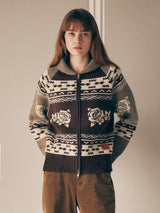 VINTAGE FLOWER KNIT ZIP UP BROWN