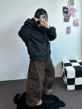 FLEECE/STRING TWO CARGO RIVET WIDE BALLOON LONG PANTS💚🤎🖤🩶4COLOR