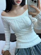 OFF SHOULDER TWISTED SLIN LONG KNIT 🩶🤍🖤3COLOR