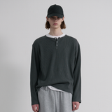 Layered Loose Waffle Henley Neck Long Sleeve Tee - FADE CHARCOAL