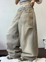 BEIGE KNEE PINTUCK PARACHUTE WIDE DENIM PANTS 🪐🧸🤎🩶