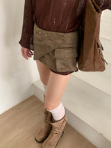 グラインスエードボタンポケットミニラップスカート(Khaki)