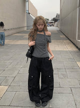 スコン ストライプ プレーン ワンショルダー リボン ショートスリーブ Tシャツ